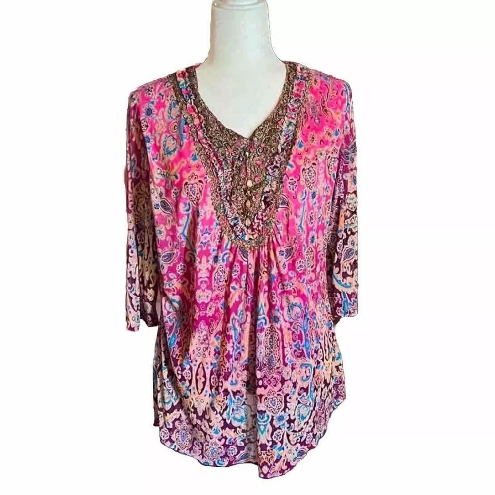 Elegant Boho Pink Beaded Layered Top Size L